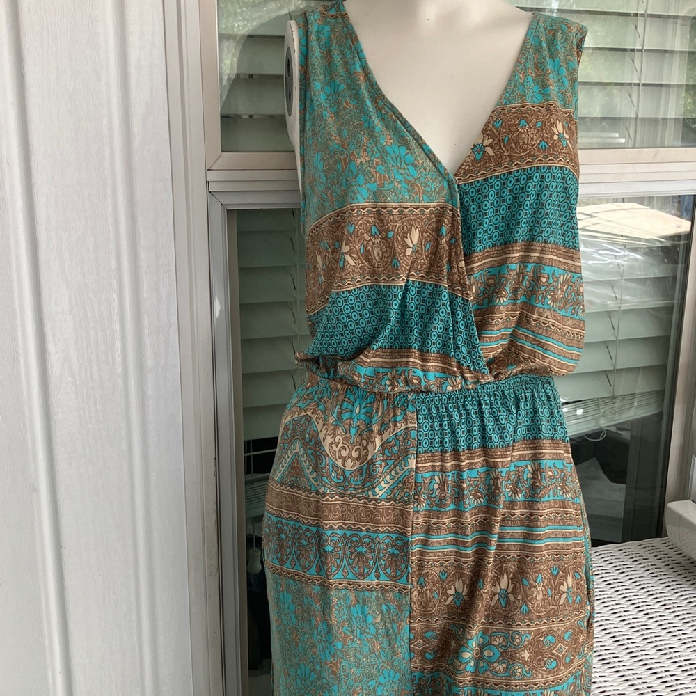 Teal and Brown floral Patterned Sleeveless Jumper with Pockets